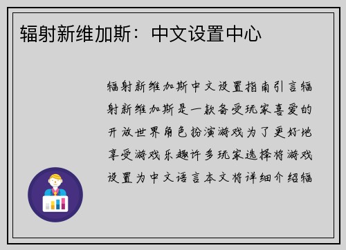 辐射新维加斯：中文设置中心